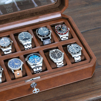 ROTHWELL 12 Slot Leather Watch Box - Luxury Watch Case Display Organizer, Microsuede Liner, Locking Mens Jewelry Watches Holder, Men's Storage Boxes Holder Large Glass Top (Tan/Brown)
