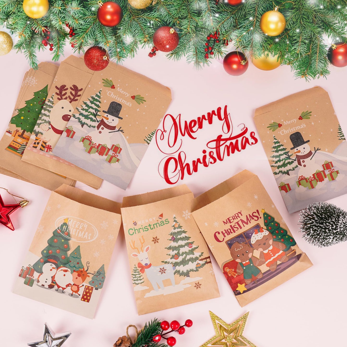 Kolewo4ever 240 Pieces Christmas Kraft Treat Bags Holiday Bag with Xmas Tree Santa Claus, Elk Prints Christmas Goodies Snack Gift Bag Candy Buffet Paper Bags for Xmas Holiday,6 Styles
