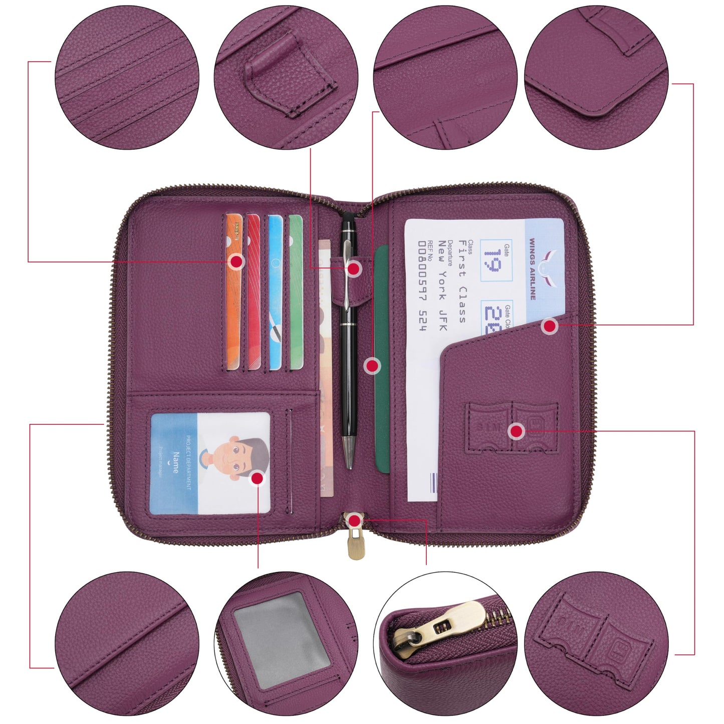 WASON Leather Zipper Travel Passport Wallet Holder RFID Blocking Cover, Passport case Pocket Slot for Card, Cash, ID, Boarding Pass and Ticket for Men, Women and Family Trips (Purple)