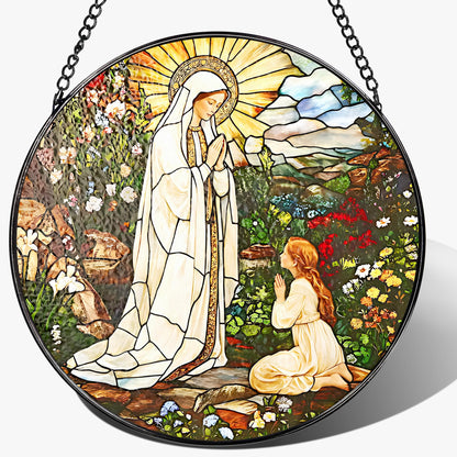 8 Inch Lady of Lourdes Stained Glass Suncatcher, Stained Glass Window Hanging, Virgin Mary Religious Window Hanging, Gift for Mothers Day, Catholic Home Decor, Faith Gift for Christian, Religious Gift