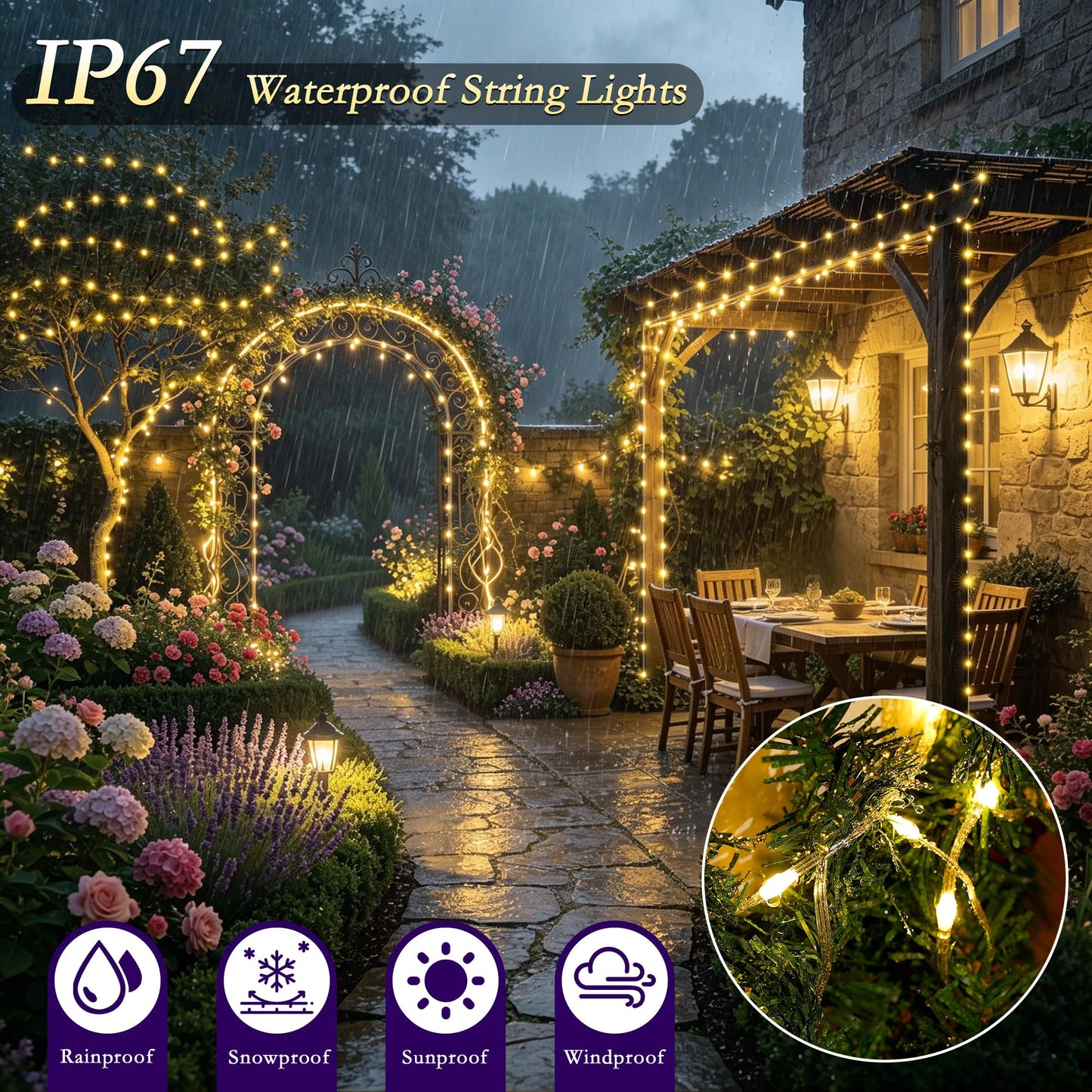 Soagrc 198FT 600 LED Outdoor String Lights Plug in IP67 Waterproof Twinkle Lights with Remote 11 Modes Dimmable Warm White and Multicolor Color Changing for Backyard Summer Wedding Party Christmas
