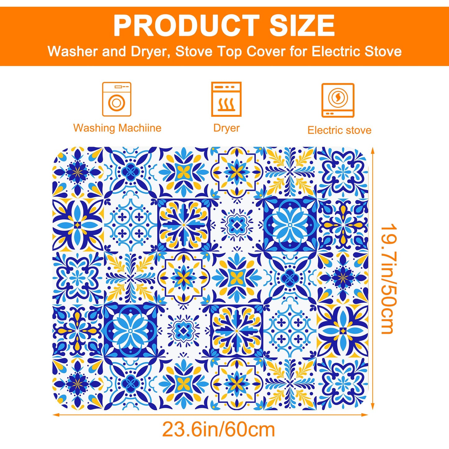Blue and Yellow Mexican Talavera Ceramic Tile Dryer Top Protector Mat,Dust-proof Washer and Dryer Covers For The Top,Non-slip Washing Machine Dust Cover Pad for Laundry Room Home Decor,23.6"x19.7"