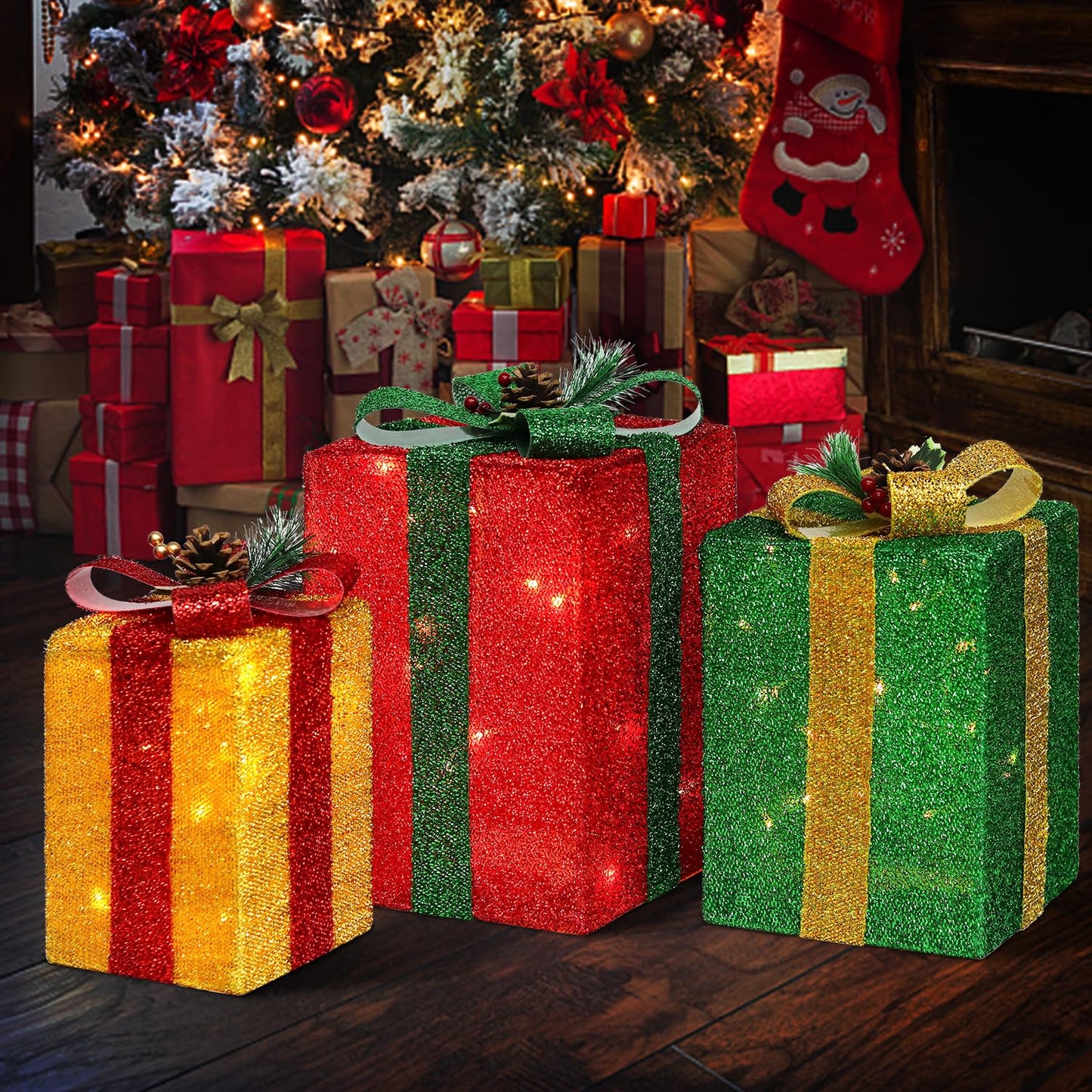 DomKom Set of 3 Tall Rectangular Christmas Lighted Gift Boxes - 60 LED Lighted Christmas Box - Light Up Xmas Tree Skirt Ornament Outdoor/Indoor Vertical Yard & Porch Decor