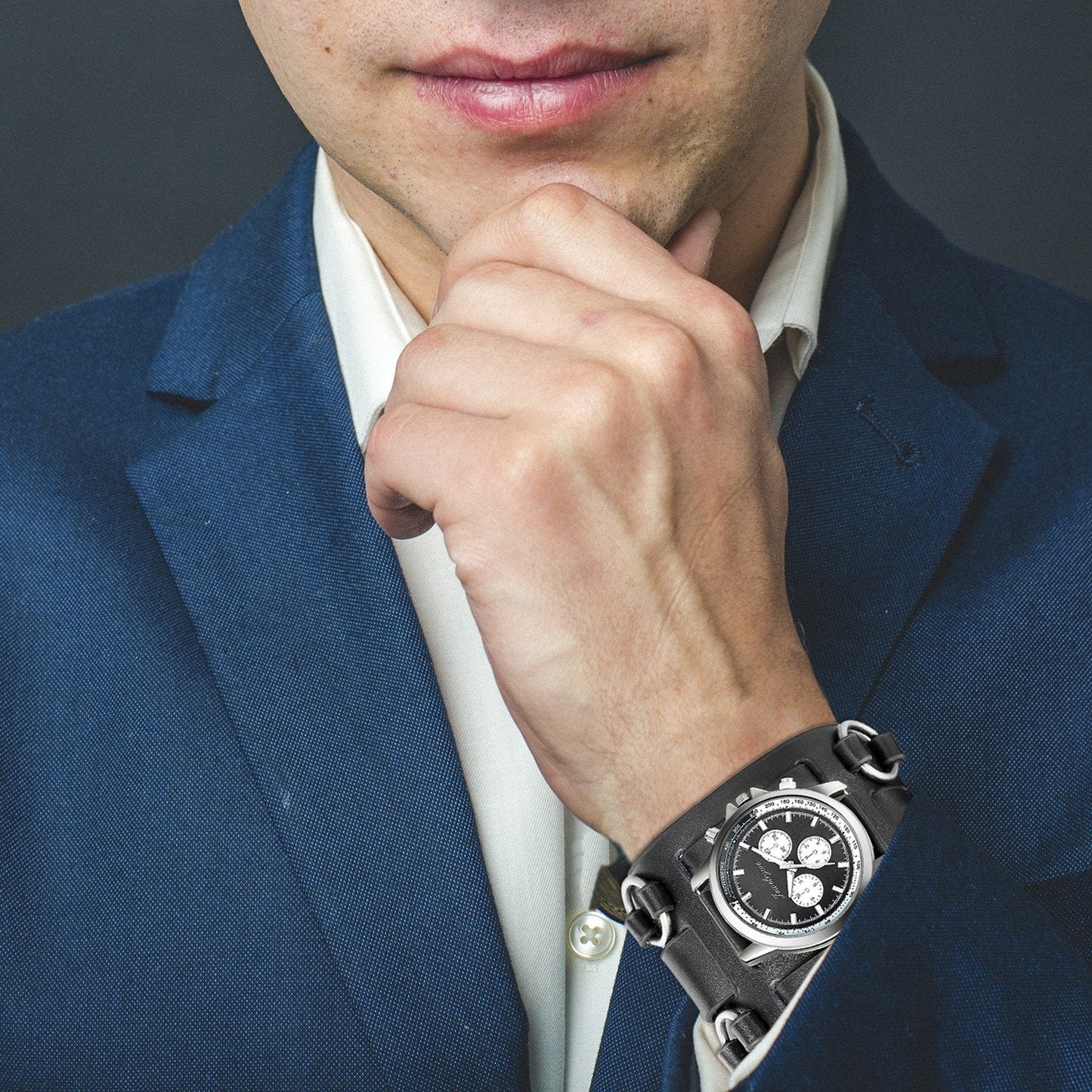 JewelryWe Black Hip-hop Gothic Punk Style Men Watch Wide Leather Fashion Cuff Wristwatch for Halloween