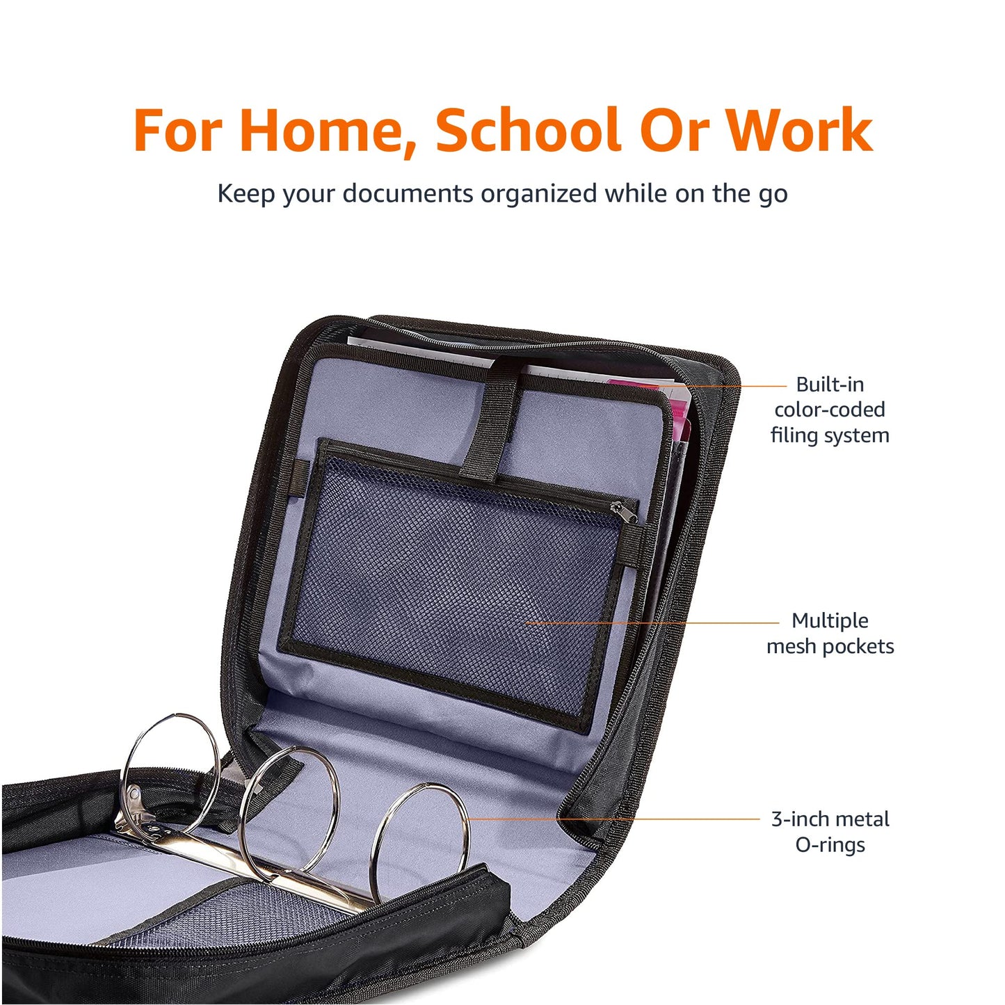 Amazon Basics Durable 3 Ring Binder with Zipper and Strap, Multiple Pockets, Sturdy Storage for School and Office, 3 inch, Black