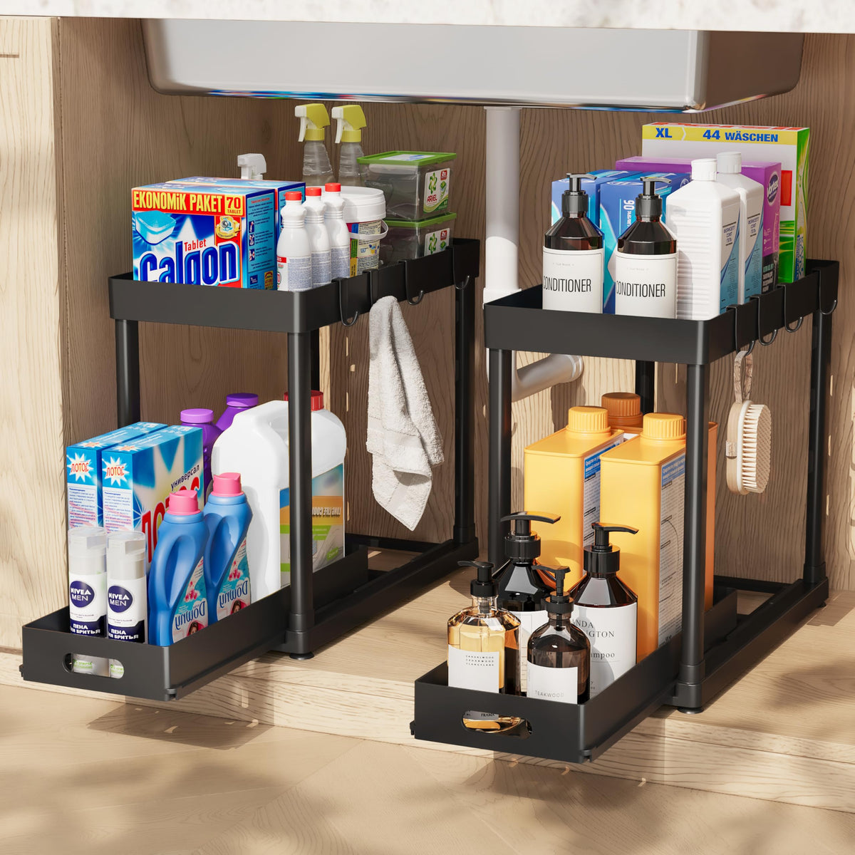 2PC Under Sink Organizer Rack 2 Tier Under Sliding Cabinet Basket Organizer Drawer with 4 Hooks, Multi-purpose Under Sink Storage for Bathroom Kitchen Desktop（Black）