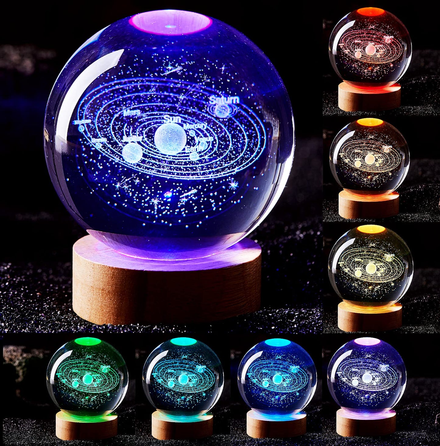 Conalisk 3D Solar System Crystal Ball Lamp,3.15 Inch K9 Crystal Ball Night Light with Wooden Base,16 Colors Changing with Remote Control,3D Planet Laser Engraving Holographic Light (Solar System)