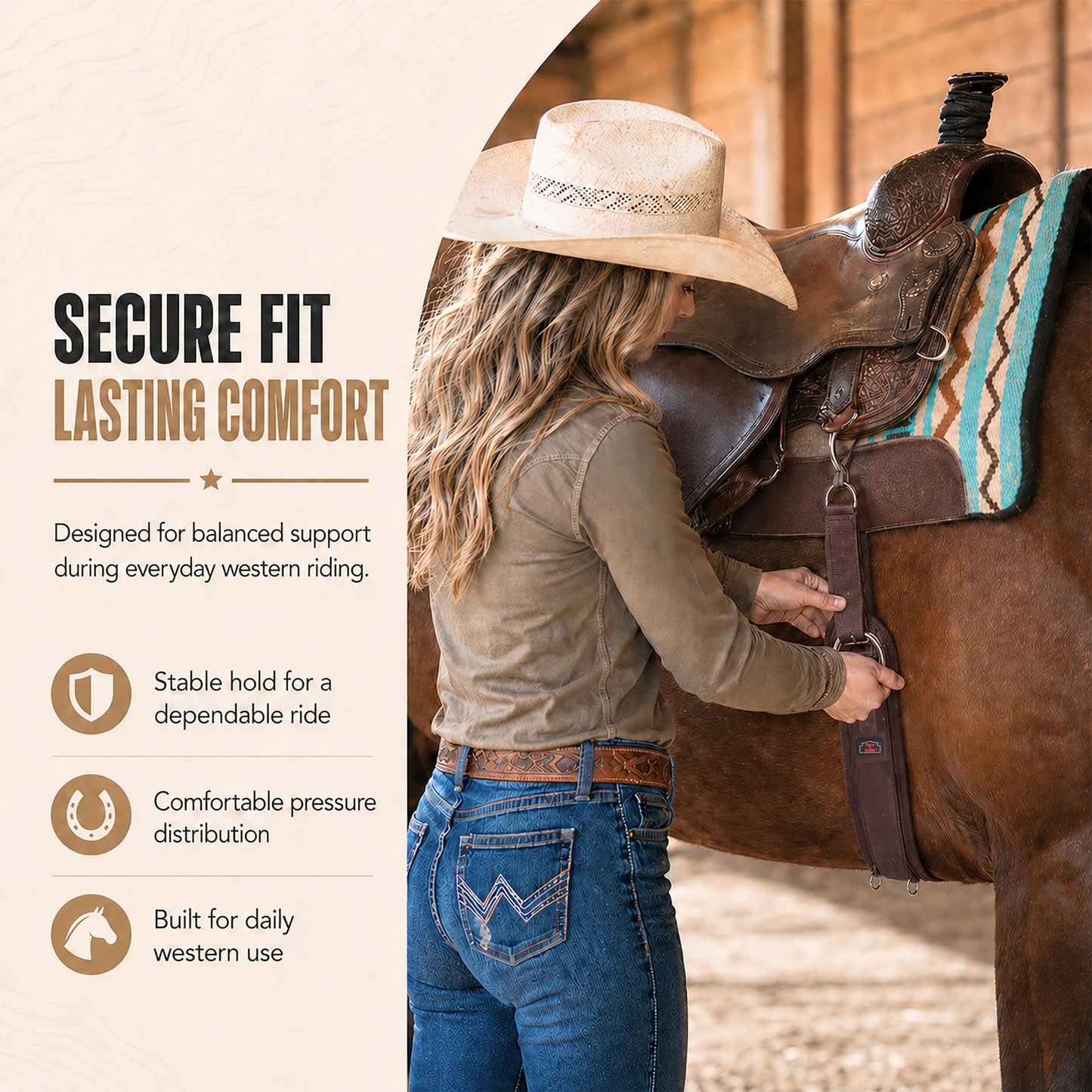 BARN & STABLE Western Horse Cinch with Stainless Steel Double Roller Buckles, Anti-Slip Terry Lining, Comfortable Western Saddle Girth for Stable Saddle Fit, Trail Riding and Ranch Work