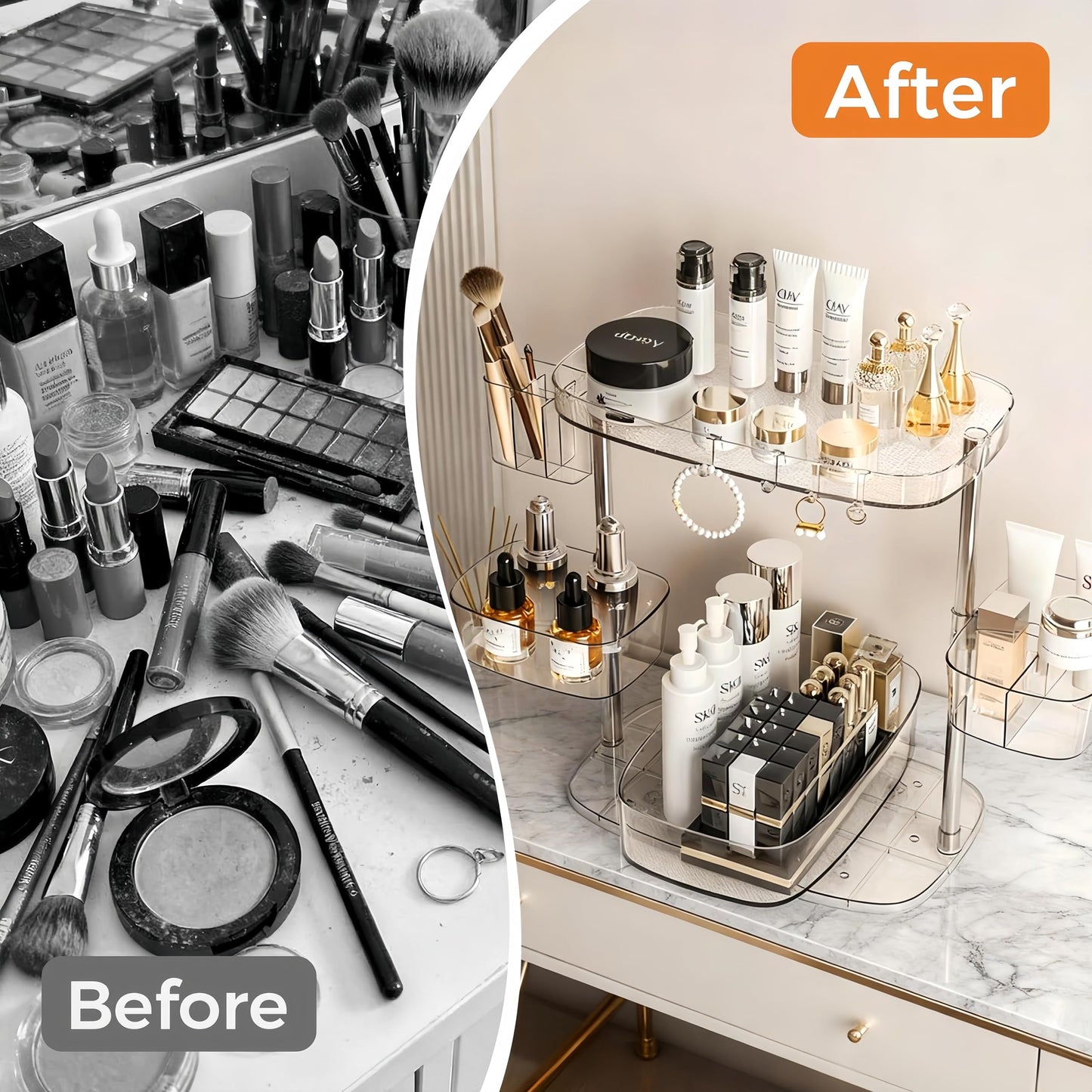 YOSHIONAL Rotating Makeup Vanity Organizer, Bathroom Countertop Cosmetic Skin Care Storage,Cosmetic Display Case with Brush Holder,for Skincare Perfume Cosmetics,Detachable Hanging Trays & Hooks