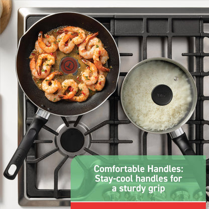 T-fal Initiatives Nonstick Cookware Set 18 Piece, Oven Broiler Safe 350F, Kitchen Cooking Set w/Fry Pans, Saucepans, Saute Pan, Dutch Oven, Griddle, Pots and Pans, Home, Dishwasher Safe, Red