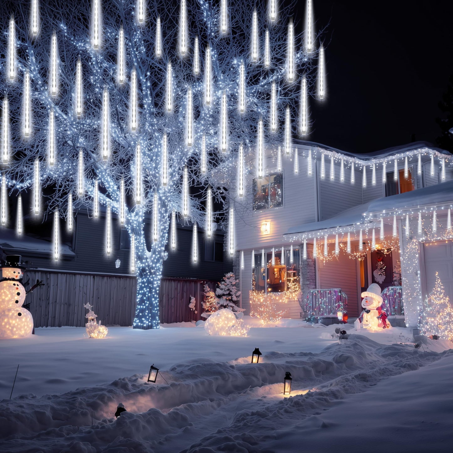 JOYIN Christmas Lights Outdoor,8 Tubes Meteor Shower Lights White,192 LEDs, Snowfall Icicle Cascading Rain Light for Christmas Tree Decorations, Wedding Party Holiday Decor