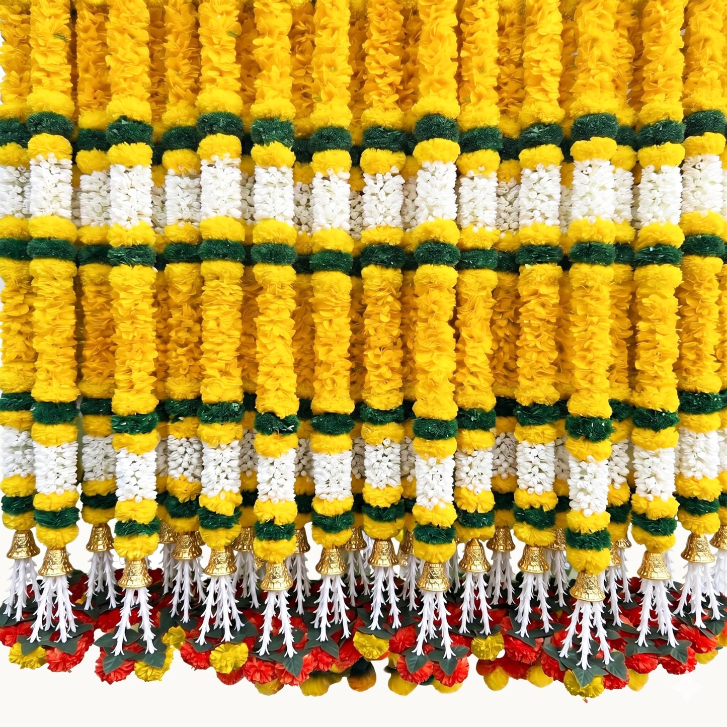 DIYANA IMPEX 4 Pc Artificial Marigold Garland with Bells, 5 Ft Long Hanging Flower Strings for Diwali Decorations, Indian Wedding, Party, Home Decor, Ganpati Hanging Decor & Mantle Decor (Yellow)