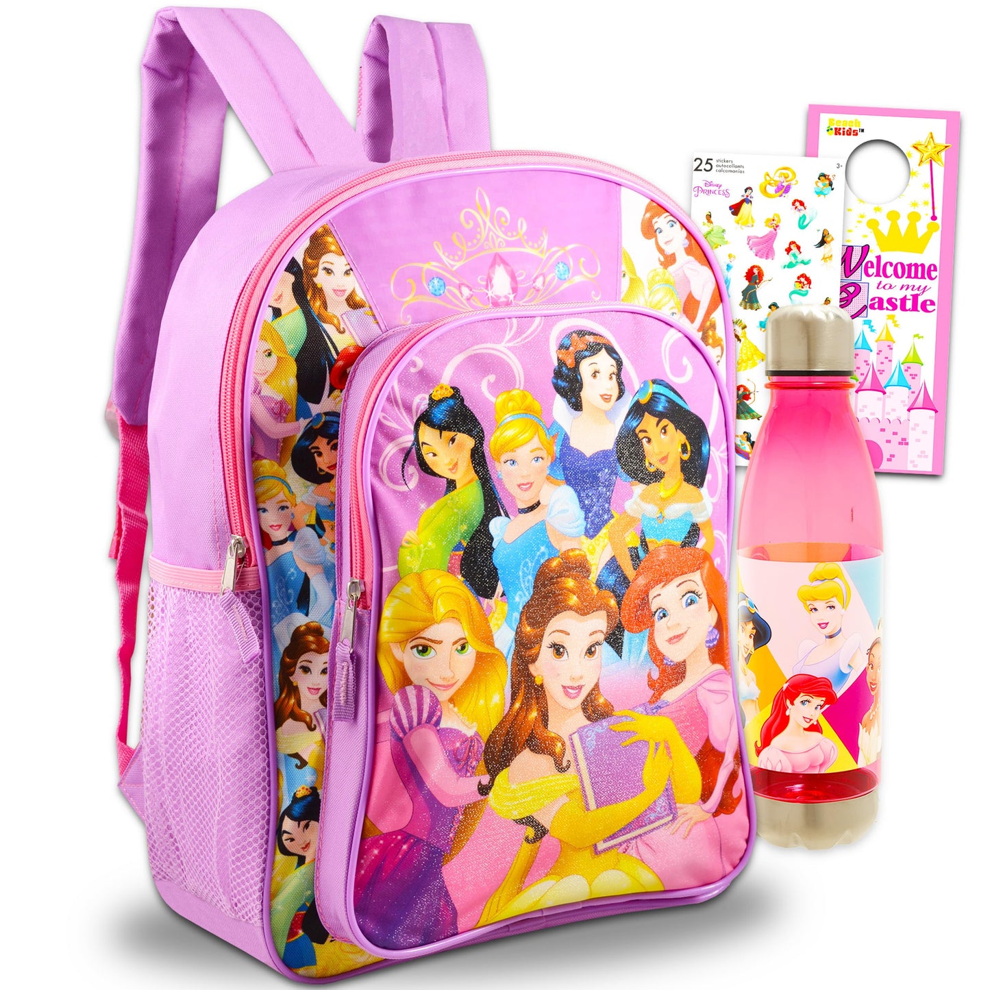 Disney Princess Backpack for Girls Set - Bundle with Deluxe 16" Princess School Bag, Water Bottle, and More Princess School Supplies for Kids