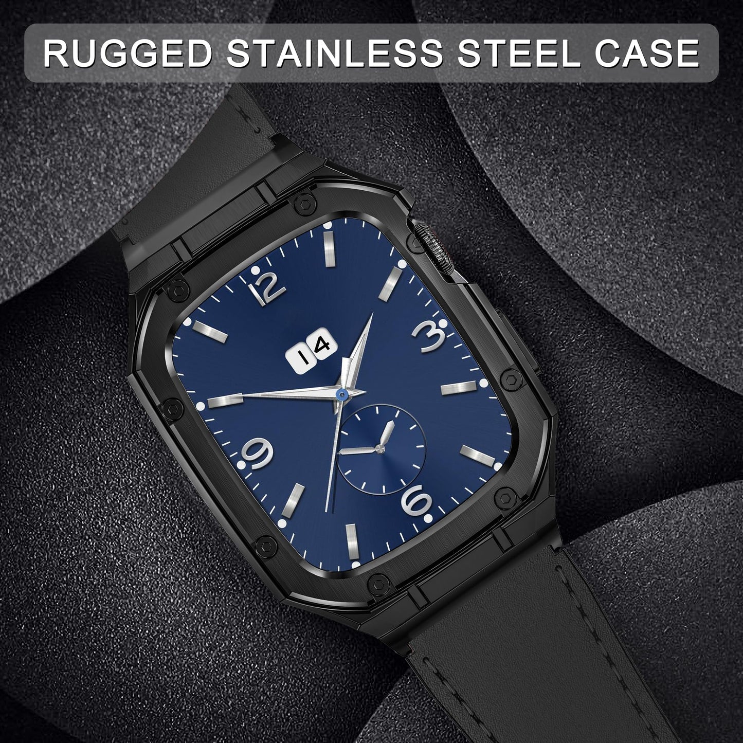 HASLFM Stainless Steel Case and Leather Band Compatible with Apple Watch 45mm for Men,Genuine Leather Apple Watch Strap and Metal Cover for iWatch Series 9 8 7,Black