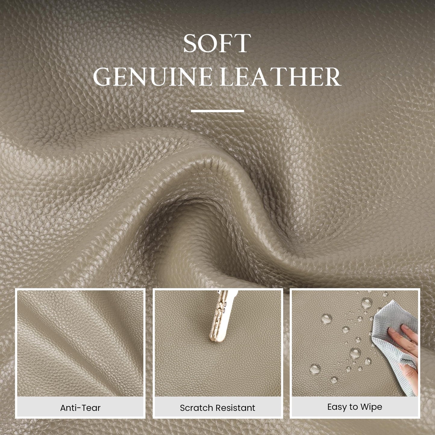 befen Soft Genuine Leather Tote Bag for Women with Zipper, Slouchy Casual Work Tote Purse Shoulder Weekender Bags Handbag for Daily & Travel Taupe