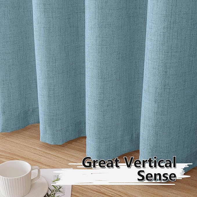Tollpiz Linen Curtain Bedroom Rod Pocket Semi Sheer Curtains Burlap Light Filtering Thick Linen Drape for Living Room, 54 x 63 inches Long, Dusty Blue, Set of 2 Panels