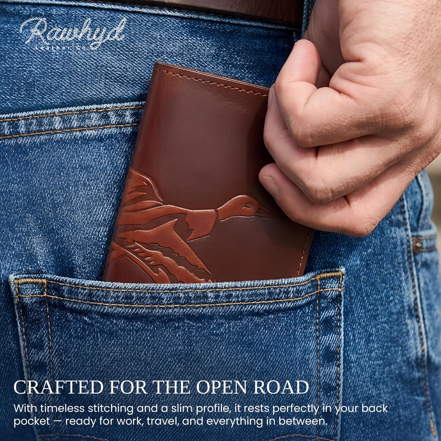 RAW HYD Full-Grain Leather Long Wallet for Men-Classic Bifold Western Wallet for Men-Minimalist Cowboy Wallets for Men-Rodeo wallets for men-Checkbook Cover & Gift for Him (Bourbon Brown)