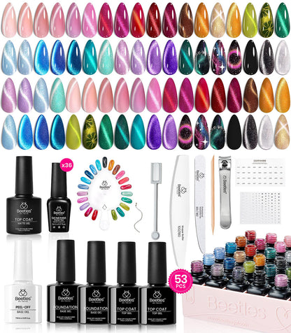 Beetles Cat Eye Gel Polish Set - 24Pcs 20 Colors Glitter Dark Color Changing Gel Nail Polish Kit with Base Gel Glossy Matte Top Coat Soak off UV DIY Nail Art Salon Ombre Black Nails Gift