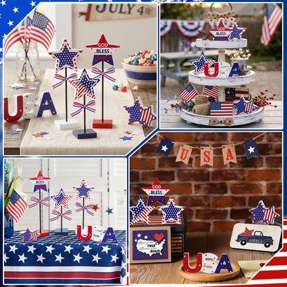 Elfcool 5Pcs 4th of July Table Decorations Wooden Star Set, Patriotic Memorial Day Table Centerpiece, Red White and Blue Independence Day Stand Decor for Home Office