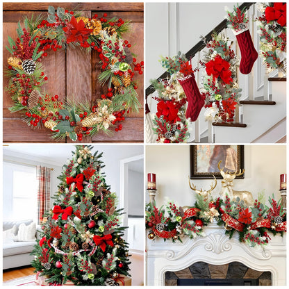 Morofme 8pcs Pines Cones Red Berry Stems Picks Christmas Pinecones Berry Faux Red Holly Berry Pine Cones Christmas Picks and Sprays Picks Artificial Pine Branches Holly Stem for Holiday Wreath Garland