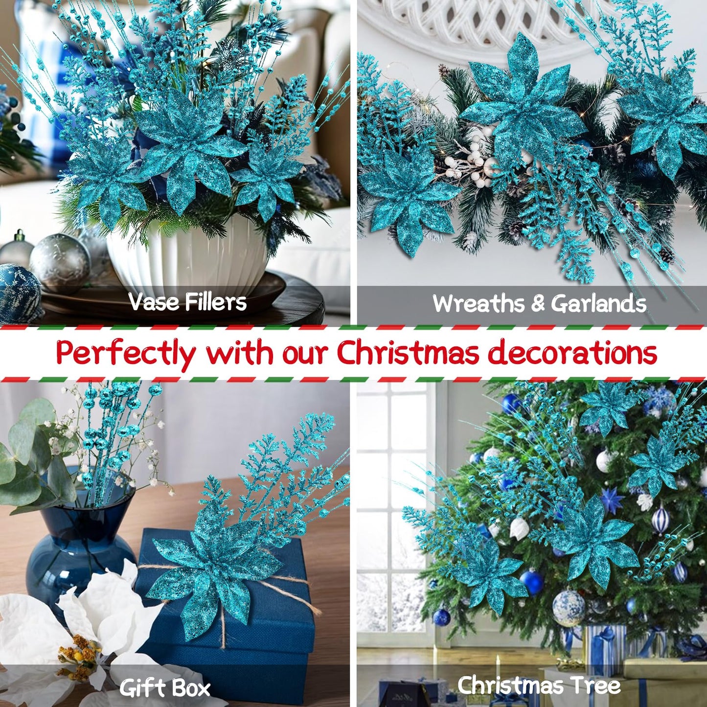 24 Pack Artificial Glitter Berry Stem Ornaments 17.5 Inch Fake Christmas Picks Decorations with Poinsettia Christmas Flowers, Bead Sticks for DIY Christmas Tree Wreath Wedding Small Vase Decor