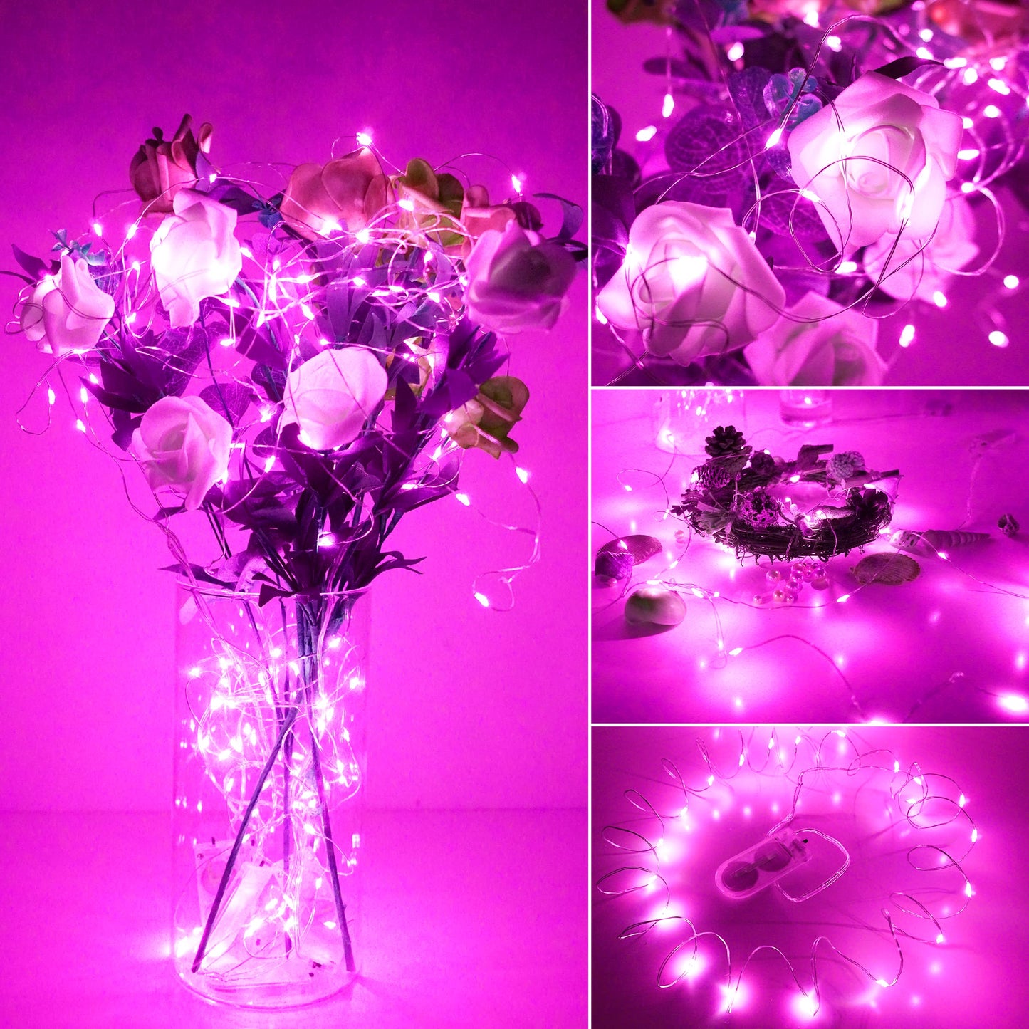 SunKite 16 Packs 20 LED Fairy String Lights Battery Operated Waterproof 6.6 Feet Silver Copper Wire Firefly Starry Moon Lights for DIY Costume Wedding Party Bedroom Table Decor (Pink)