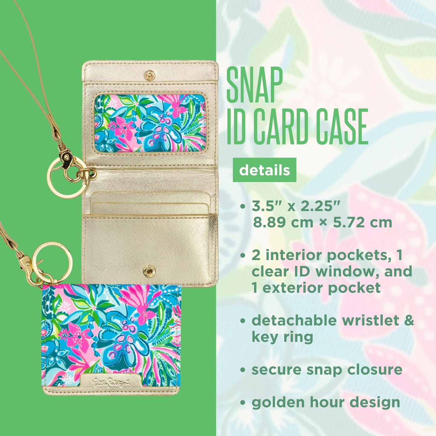 Lilly Pulitzer Snap ID Card Case, Cute Blue Keychain Wallet, Slim Credit Card Holder with Wristlet Strap, Golden Hour