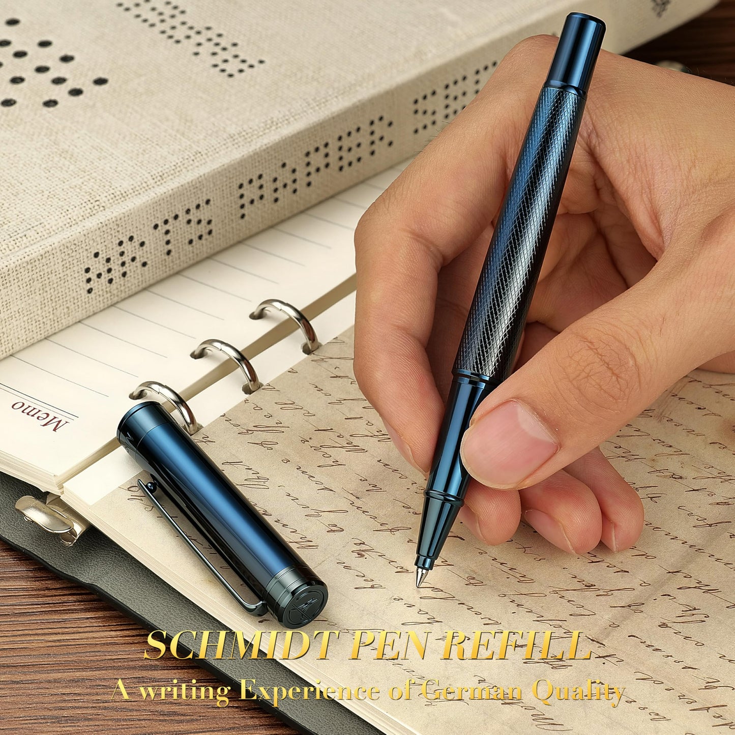 MCNTEIK Electroplated Blue Rollerball Pen, Stunning Luxury Pen with Mesh Texture Design、Schmidt Ink Refill, Nice Gift Set for Men & Women, Business, Executive, Office, Fancy, Nice Fancy Designer Pens