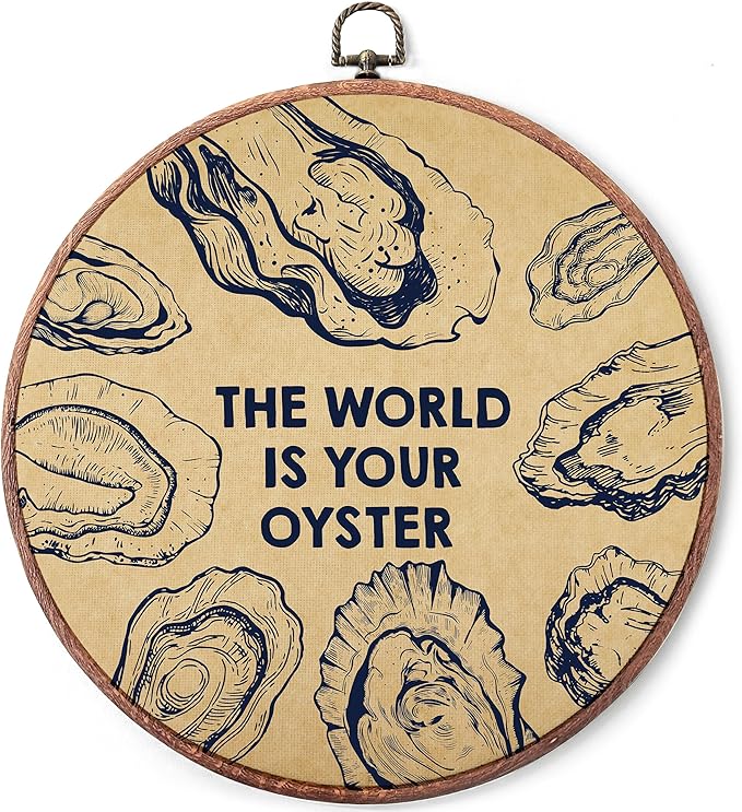 Threegoat The World Is Your Oyster Round Wall Art,Coastal Vintage Oyster Shell Wall Art Decor for Bedroom,Beach Ocean Nautical Framed for Coastal Prints Living Room Bathroom Decorations - A10