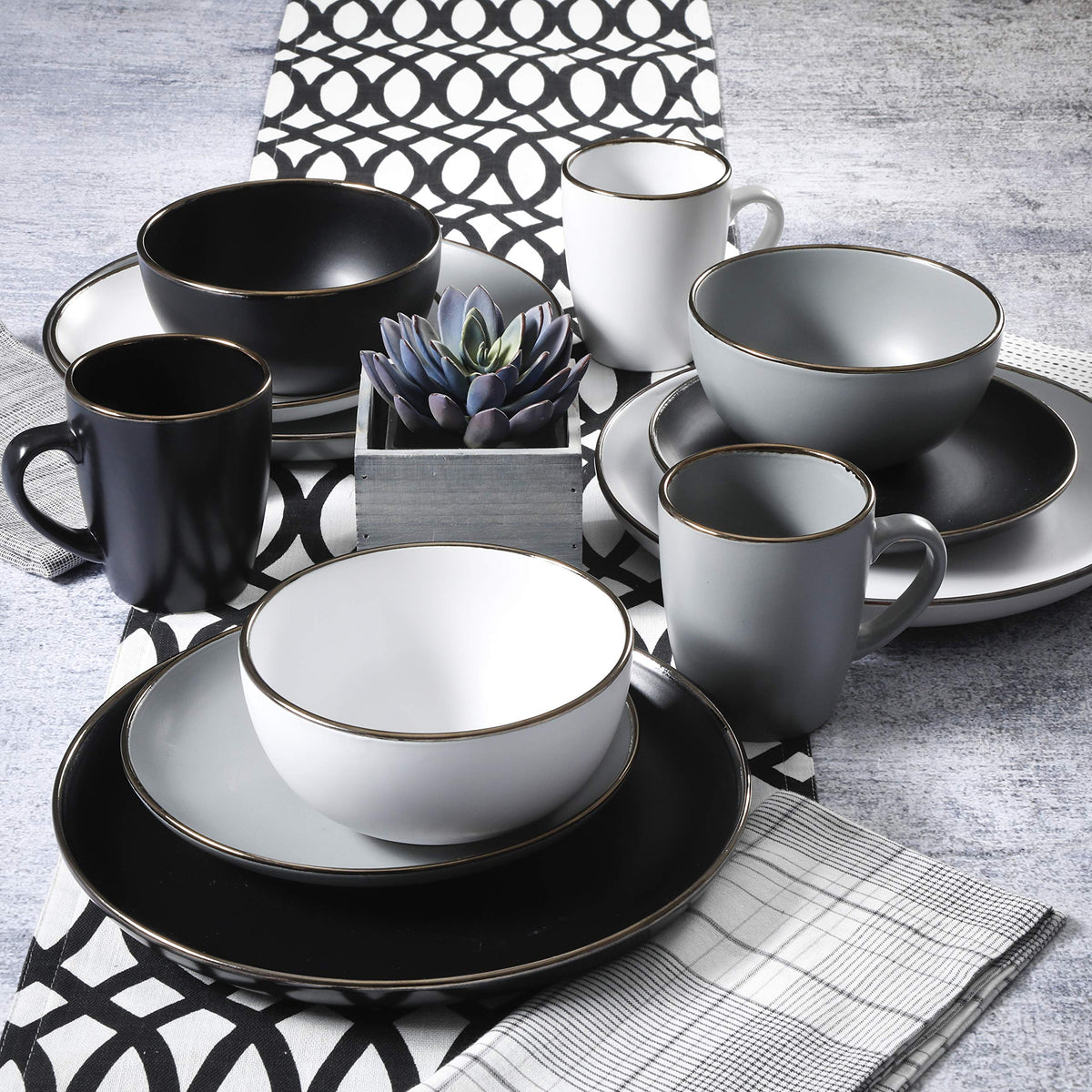 Gibson Home Queenslane 16 Piece Double Bowl Plates and Bowls Dinnerware Sets - Matte Blue
