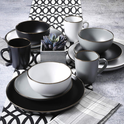 Gibson Home Queenslane 16 Piece Double Bowl Plates and Bowls Dinnerware Sets - Matte Blue