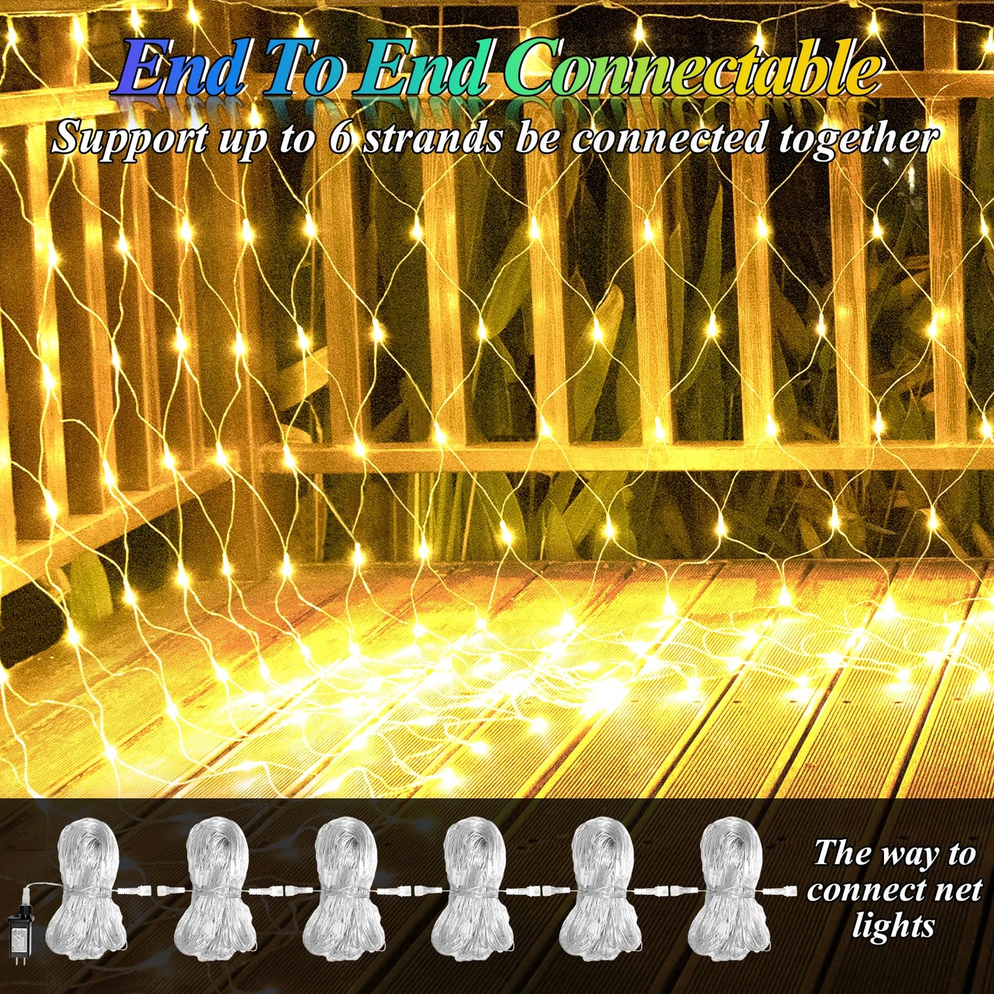Lovelite 120 LED Christmas Net Lights, 5ft x 5ft Mesh Lights Outdoor 8 Modes Timer, Waterproof Connectable String Lights Clear Wire Plug in for Bushes Lawns Garden Holiday Wedding Party - Warm White