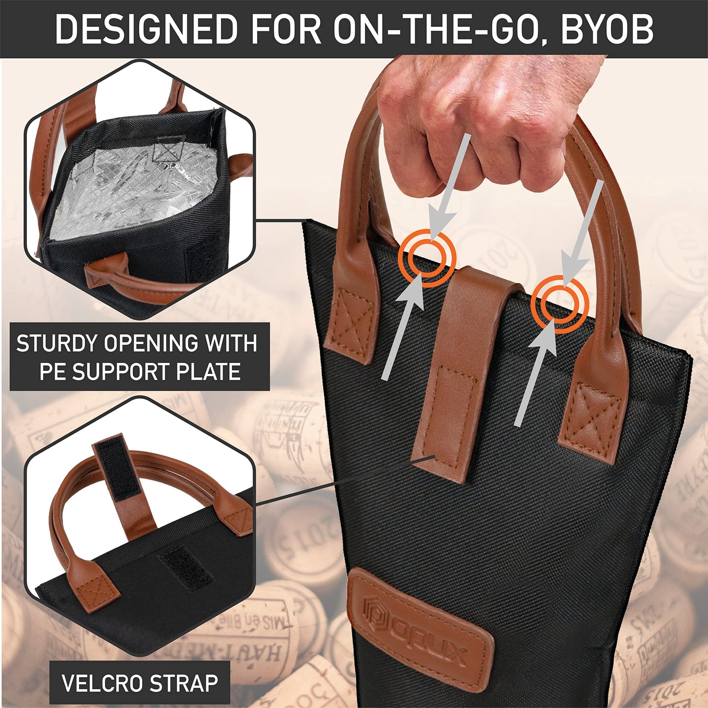 opux Wine Bag Single Bottle Carrier Tote, Insulated Travel Wine Cooler Bag for Picnic Beach Gift, Thermal Padded Portable One Bottle Holder Carrying Case for Women Men Wine Lovers, Black