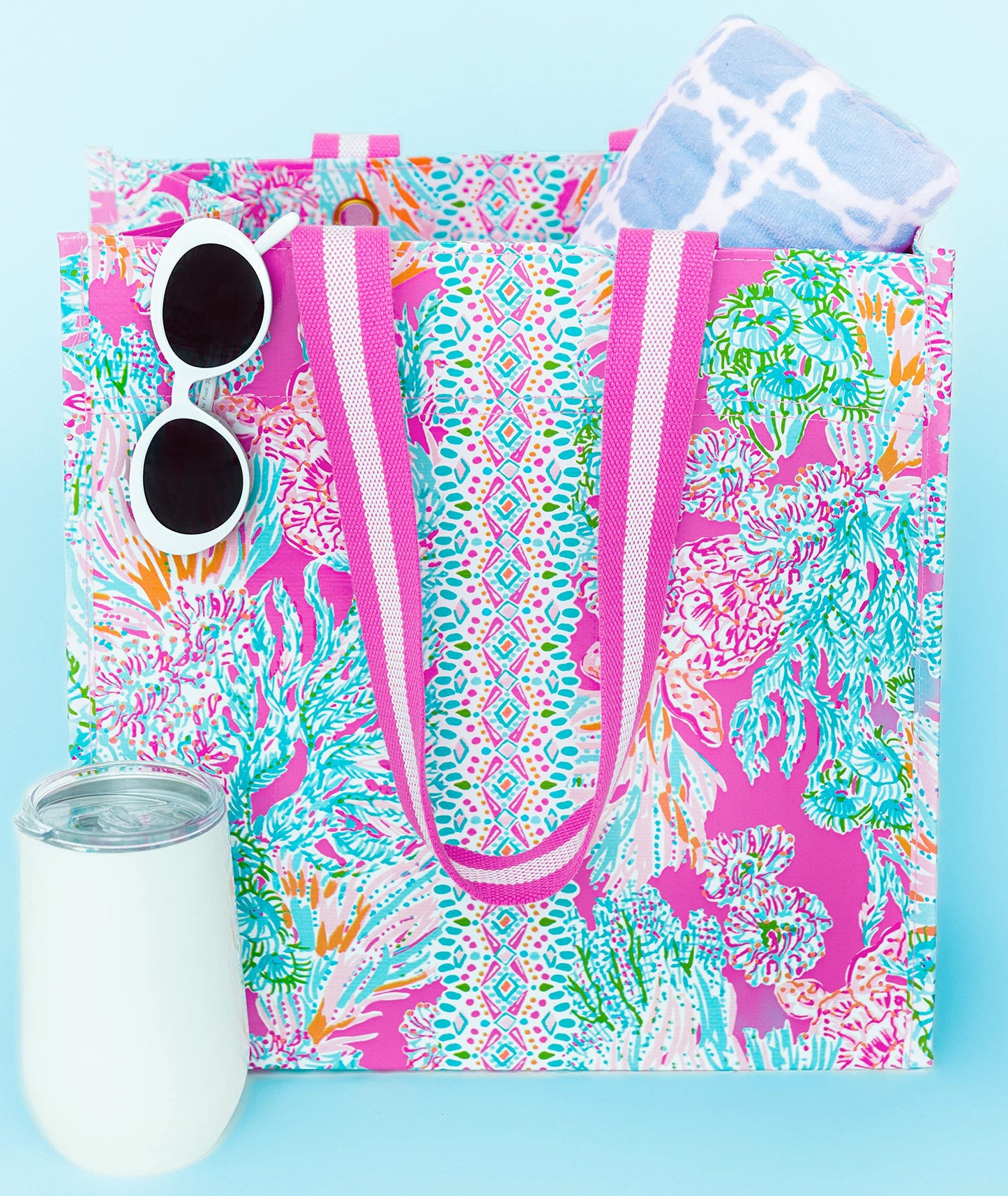 Lilly Pulitzer Pink Market Shopper Bag, Reusable Grocery Tote, Shoulder Bag for Produce or Travel, Seaing Things (Pack of 2)