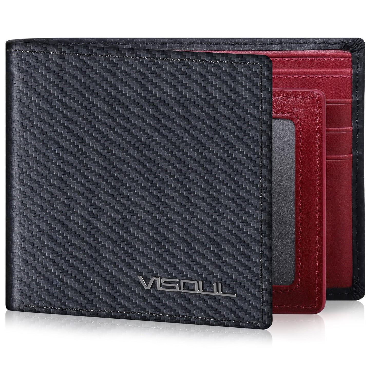 VISOUL Wallet for Men with 2 ID Windows 8 Credit Card Slots 2 Cash Compartments, Carbon Fiber Leather Bifold Mens Wallet with RFID Blocking (Black+Burgundy)