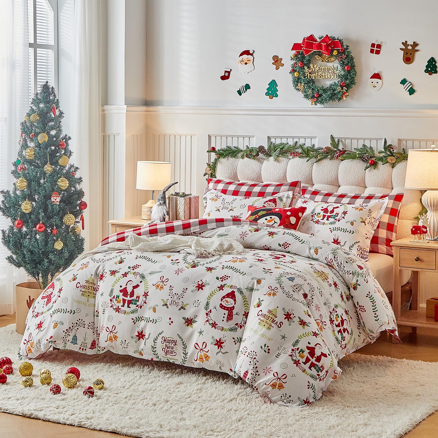 Joyreap 3pcs Christmas Duvet Cover Set King, Xmas Wreaths and Santa Claus Design Comforter Cover Set, Includes 1 Duvet Cover and 2 Pillow Shams