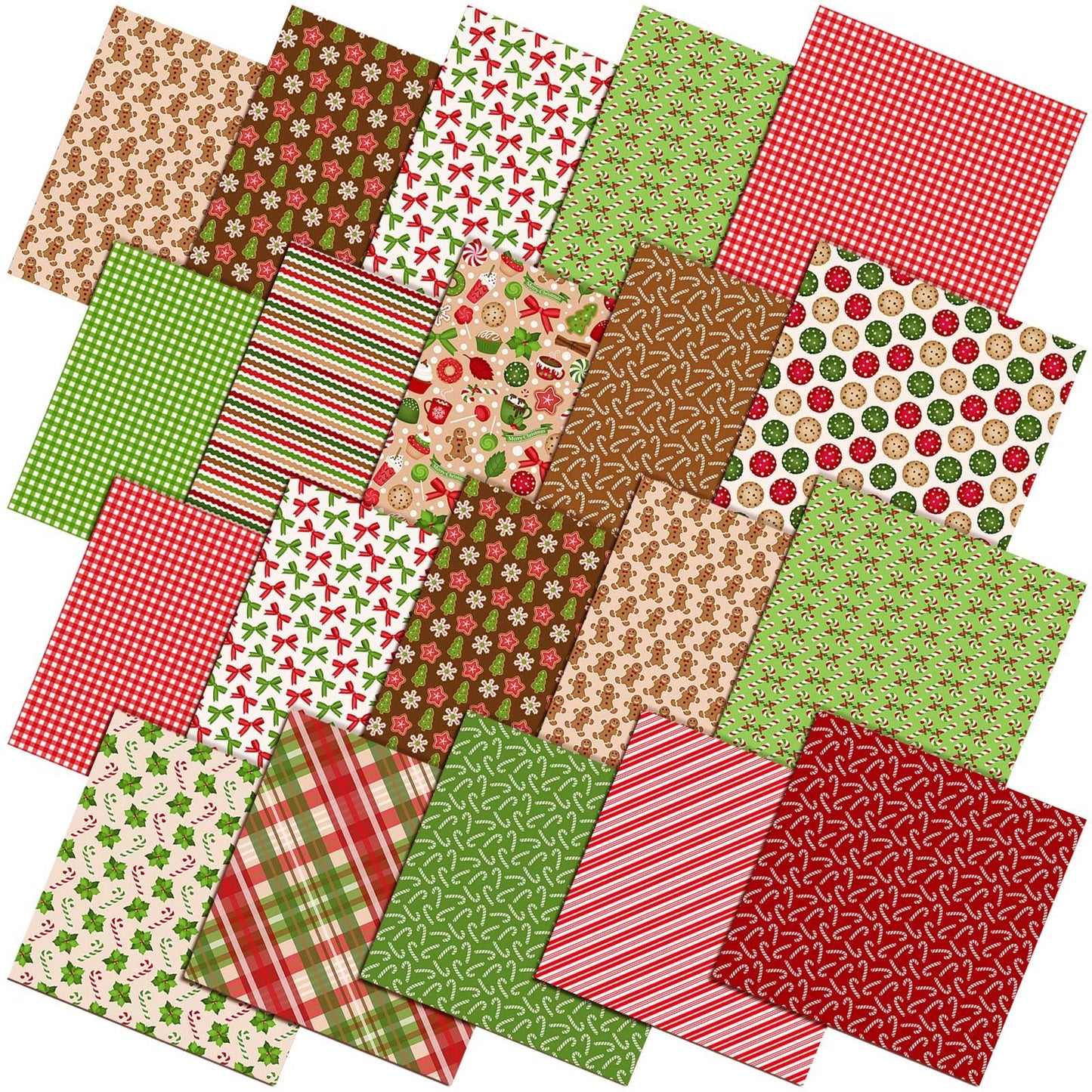 Oudain 60 Pcs 10 x 10 Inch Red and Green Quilting Fabric Squares Christmas Fat Patchwork Precut Strips Gingerbread Man Candy Cane Fabric Bundles for Xmas DIY Craft Sewing Handmade Materials