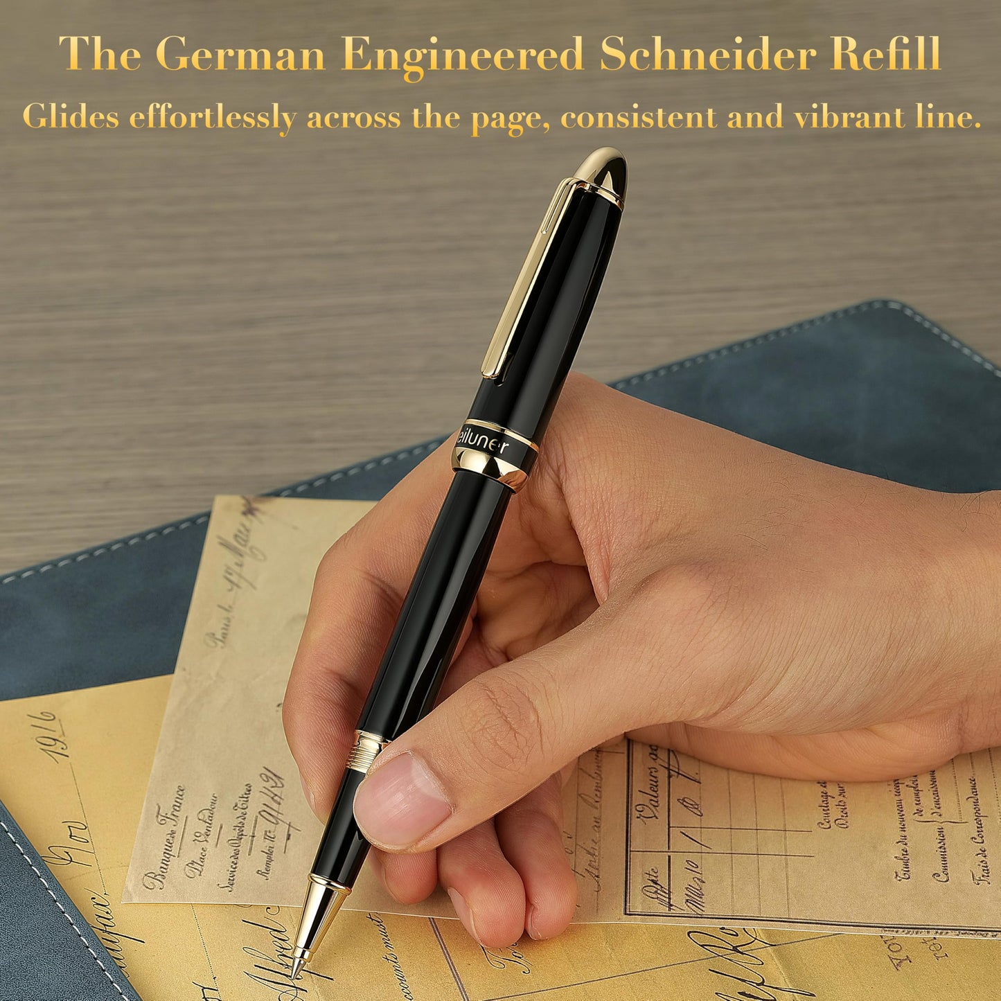 BEILUNER 315 Luxury Rollerball Pen, with 24K Gold Finish, Black Piano Lacquer, Luxury Grade Craftsmanship, Best Pen Gift Set for Men and Women, Professional, Executive, Office, Fancy, Nice Pens