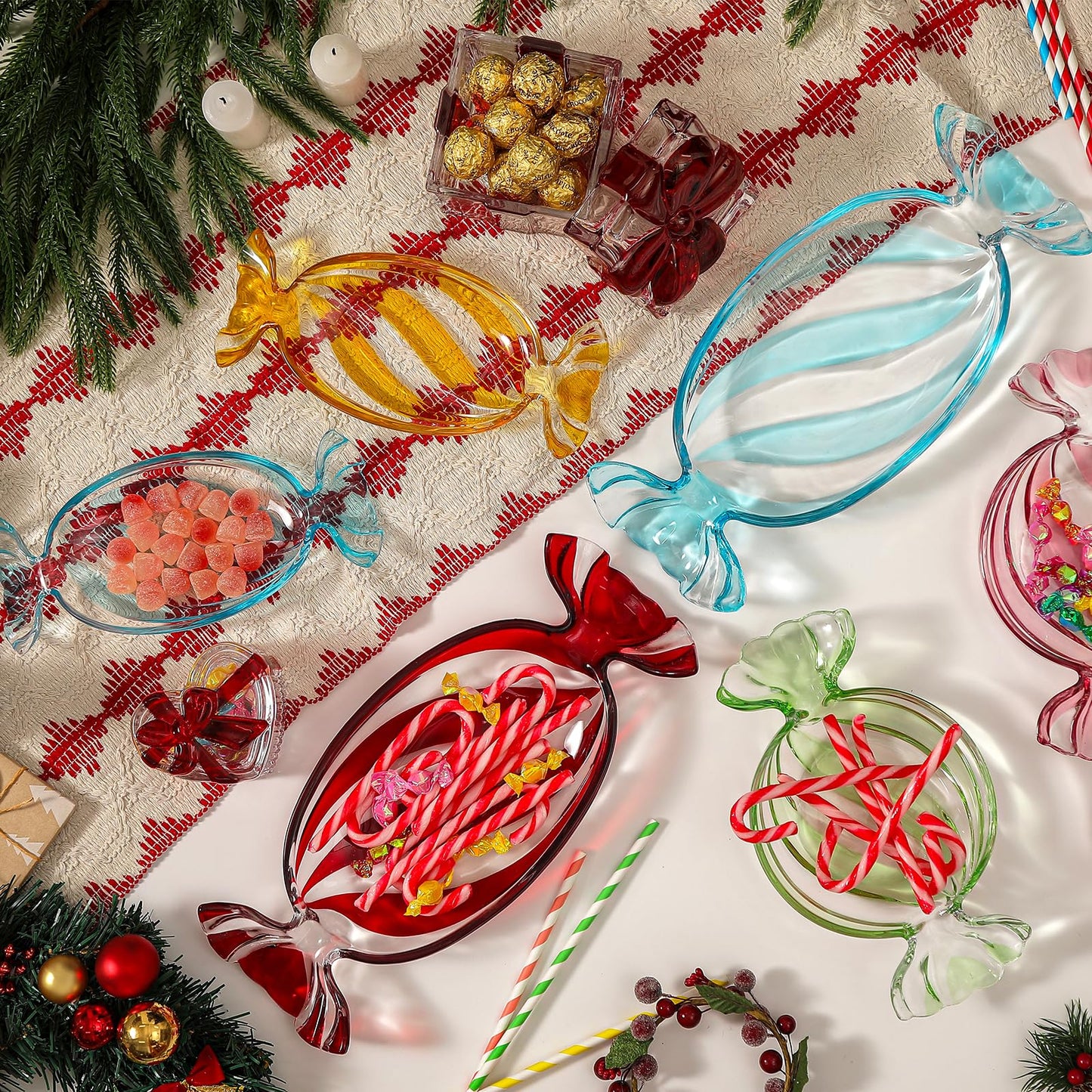 USmagically Christmas Candy Glass Plate, Christmas Theme Serving Tray for Holiday Desserts, Cookies & Candy Display, Festive Party Bowl, Green Xmas Decorations Small