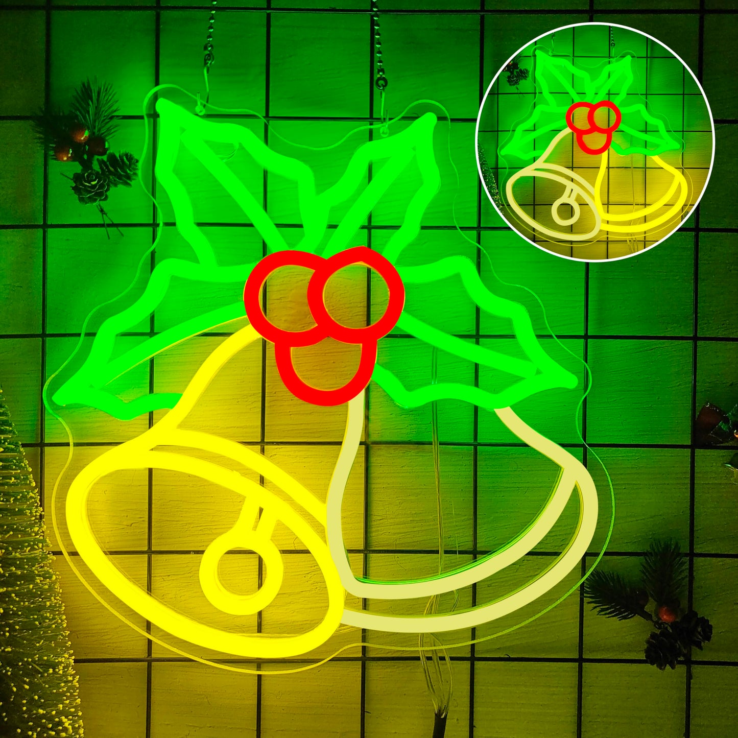 hhuohuona Christmas Bells Neon Signs for Wall Decor Dimmable Neon Christmas Sign Flashing Bell with Holly Led Sign Xmas Light Up Sign Led Window Lights for Home Party