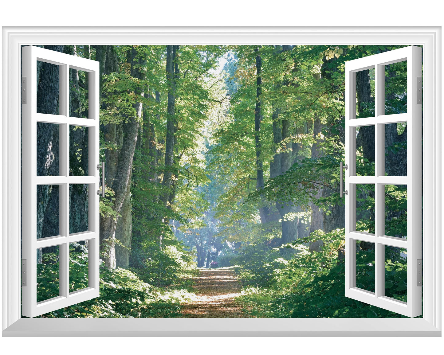 FLFK Fake Window Wall Mural - Road in The Forest Faux Window Wall Sticker for Wall Decor, Peel and Stick Wall Decals,48"x32",Set of 2 Sheets
