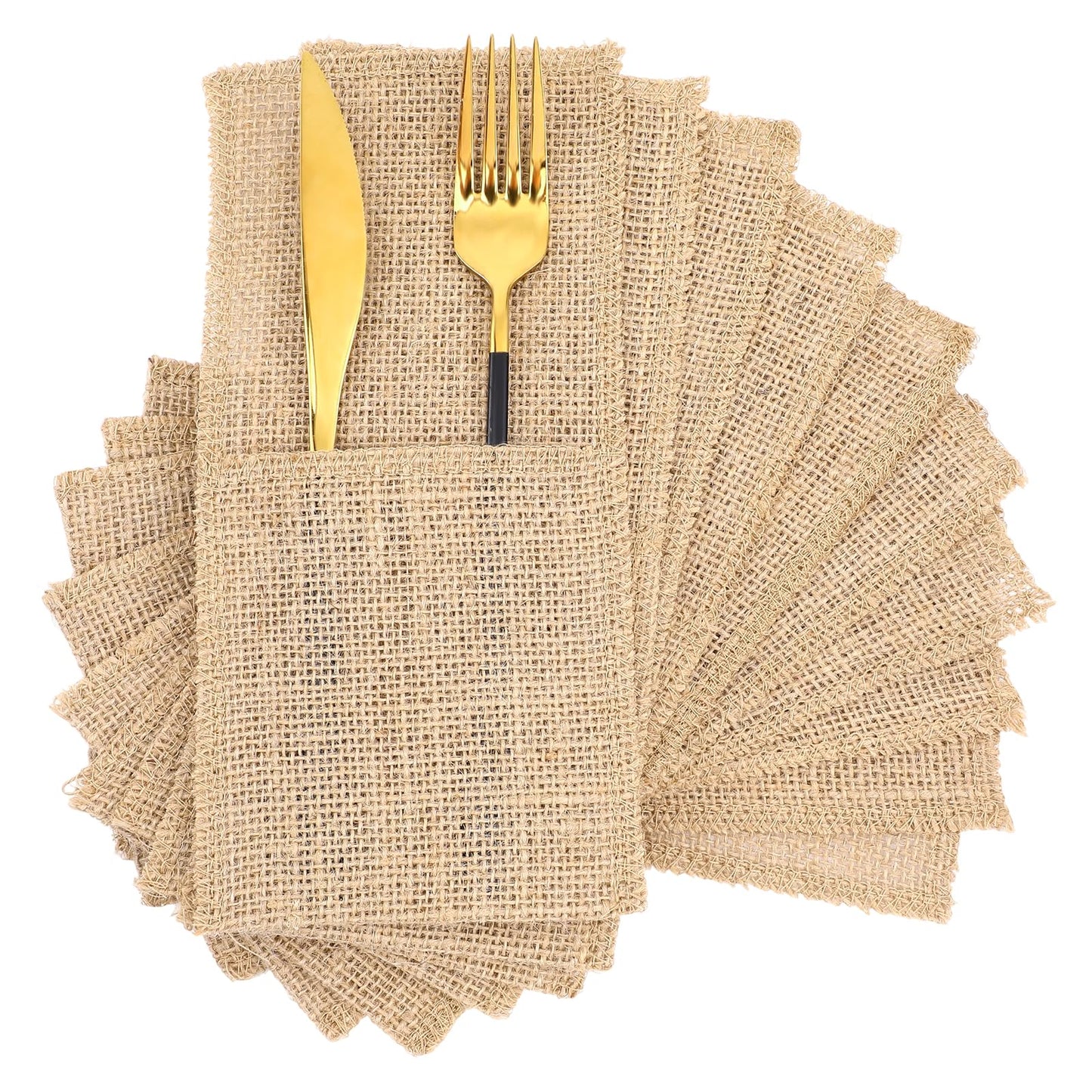 50 Pcs Natural Jute Utensils Holders, 8.8 x 4 inch Cutlery Pouch, Silverware Holder, Napkin Bag for Rustic Wedding Party Decorations