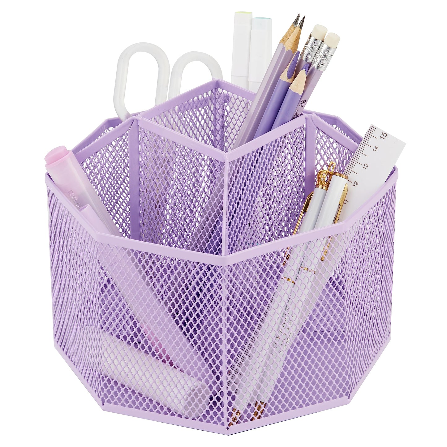 Annova Mesh Desk Organizer Rotate with 5 Compartments Spinning Tidy Candy/Pen Holder Office, Art Supply, Storage, Classroom, Home (Light Purple)