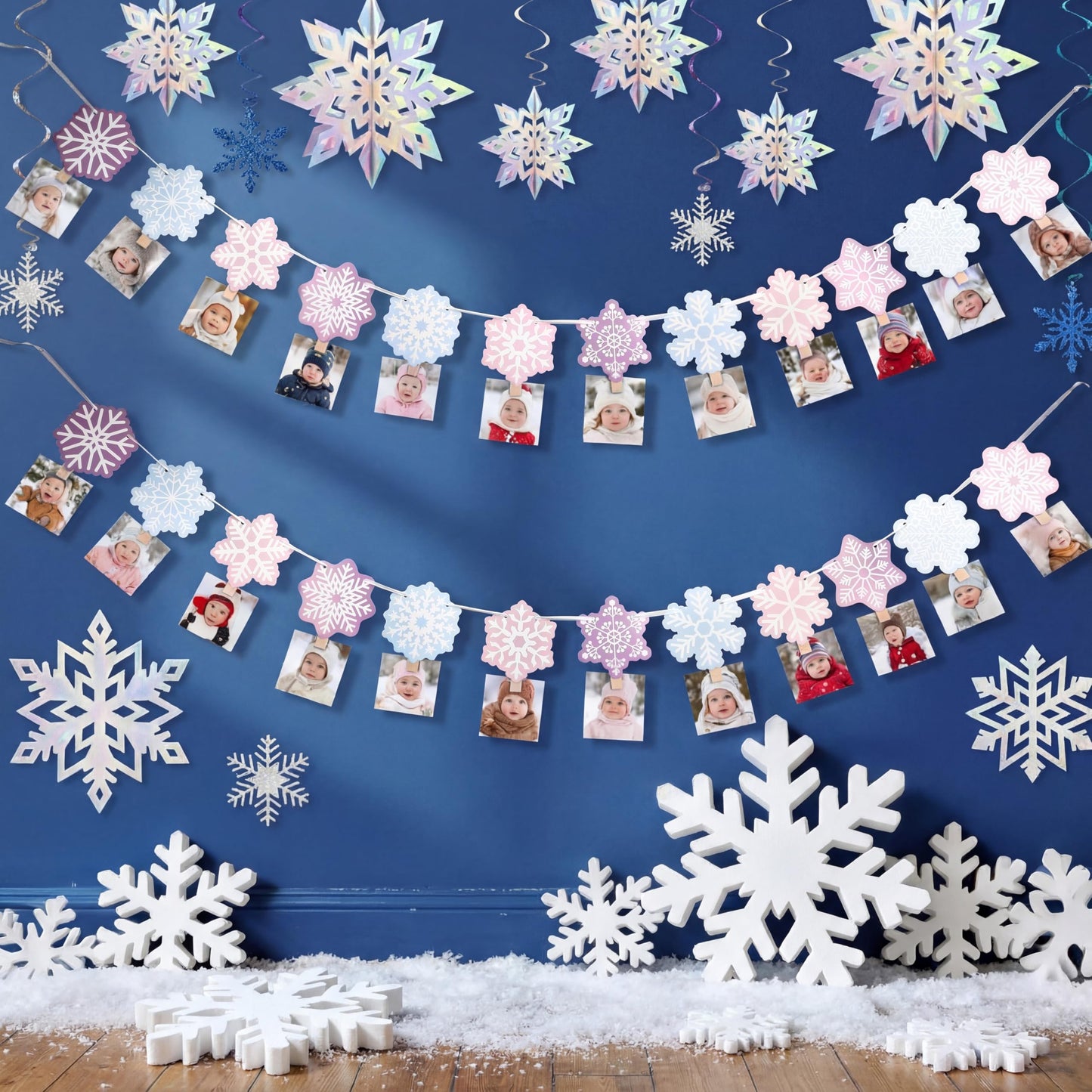 Epakh 24 Sets Winter Snowflake Photo Banner Snowflake Cards Wooden Clips with Ribbon Snowflakes Garland Hanging Ornaments Winter Decorations for Baby Shower Birthday Party Supplies