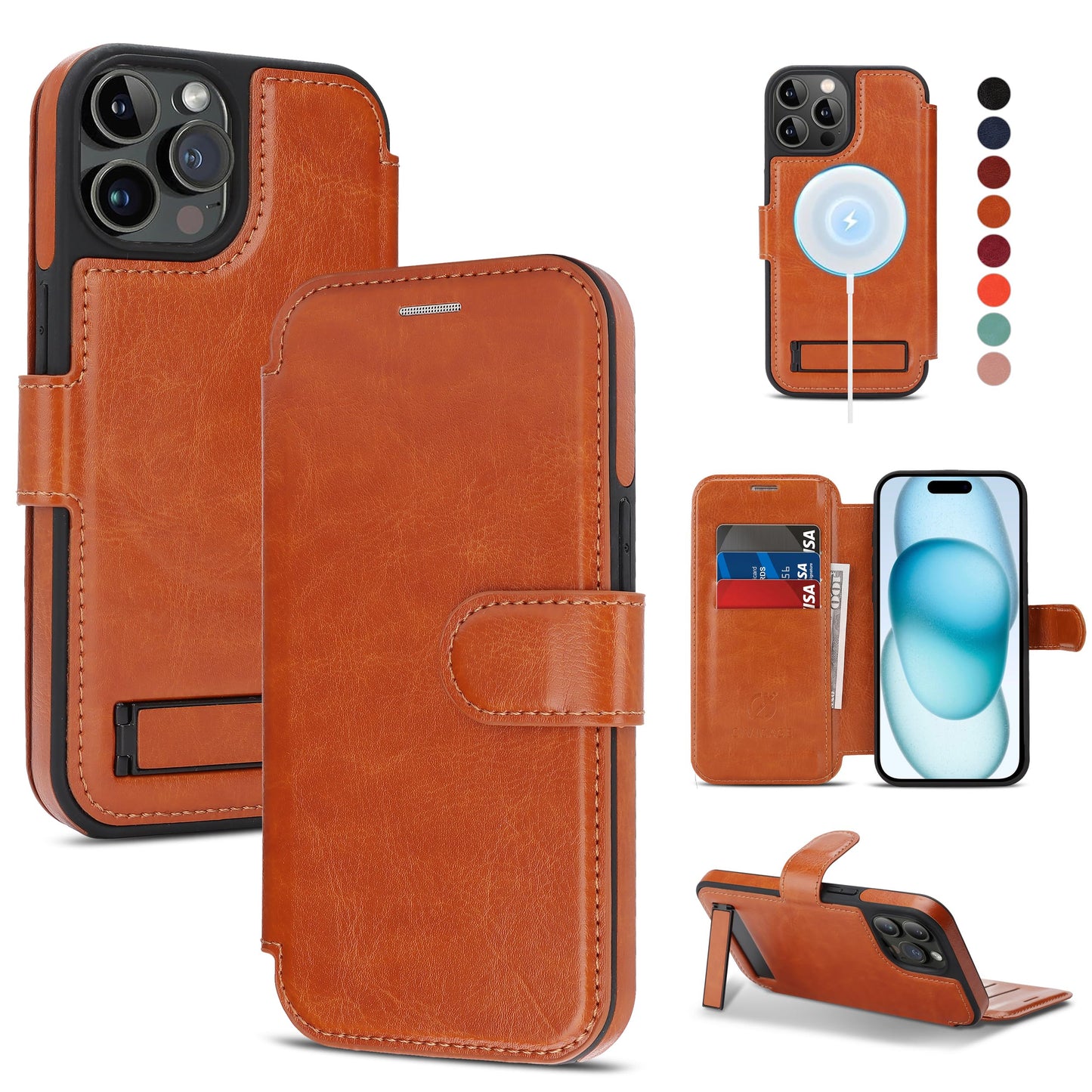 CIVICASE for iPhone 15 Pro Max Wallet Case with Stand,PU Leather Flip Credit Card Holder Slots (RFID Blocking),Compatible with Magsafe Magnetic Holder Phone Cover Women Men,Brown