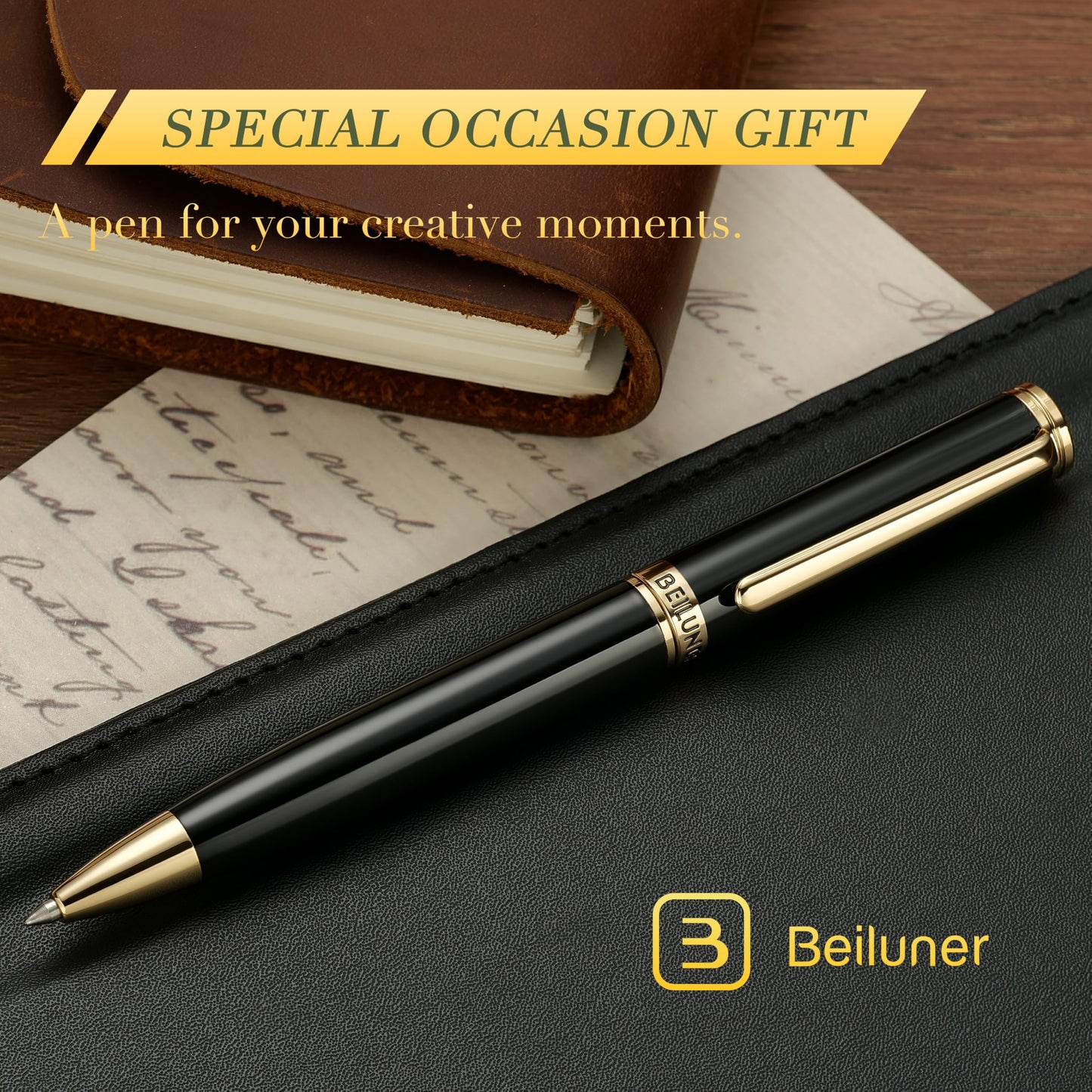 BEILUNER Luxury Gel Pen with 24K Gold Finish, Black Piano Lacquer, Luxury Grade Craftsmanship, Best Pen Gift Set for Men and Women, Professional, Executive, Office, Retractable Nice Pens