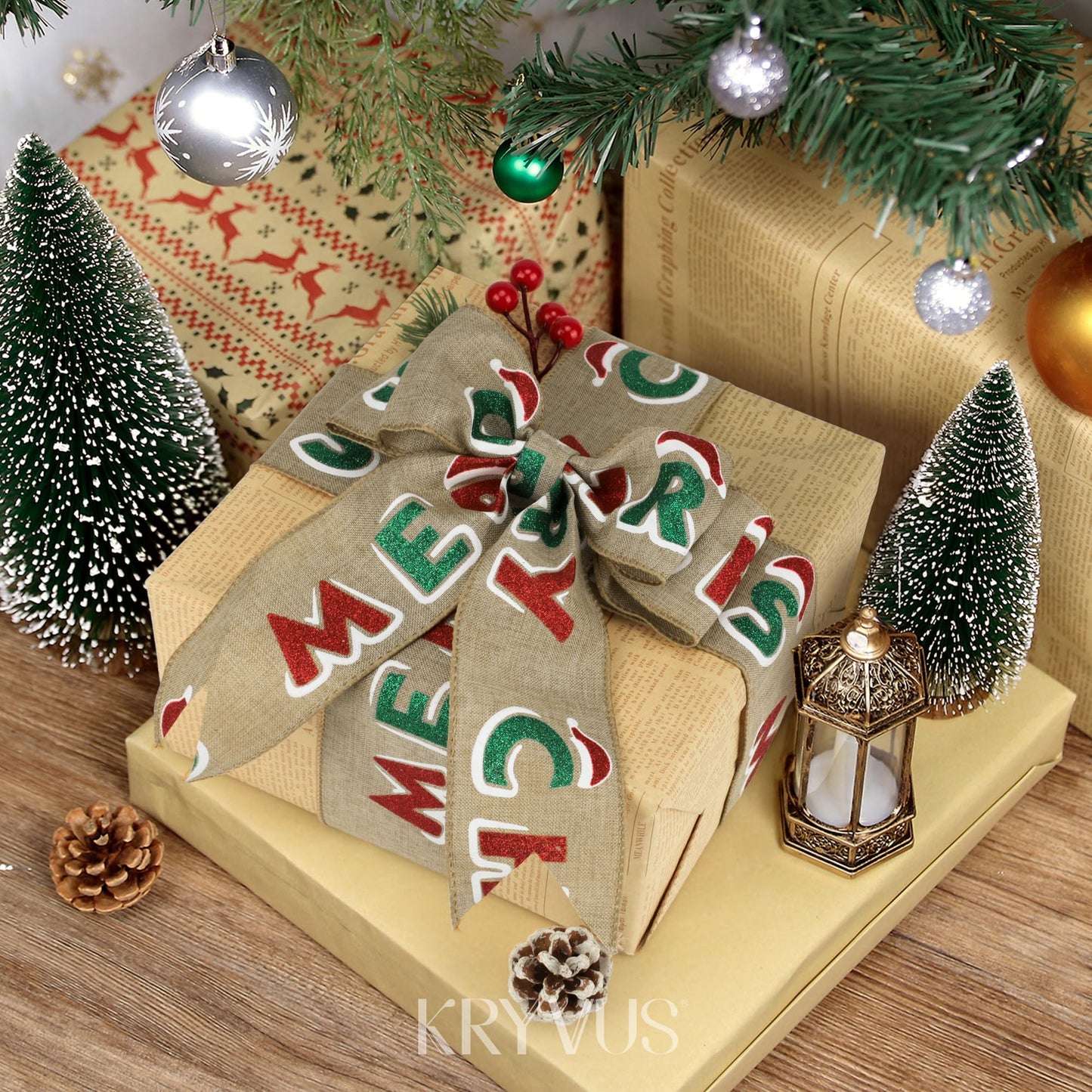 Kryvus Christmas Wired Ribbon, 2.5 Inch x 10 Yards Merry Christmas Ribbon for Wreaths, Tree Decorations, Gift Wrapping and Holiday Crafts, Natural Linen Ribbons with Wired Edge