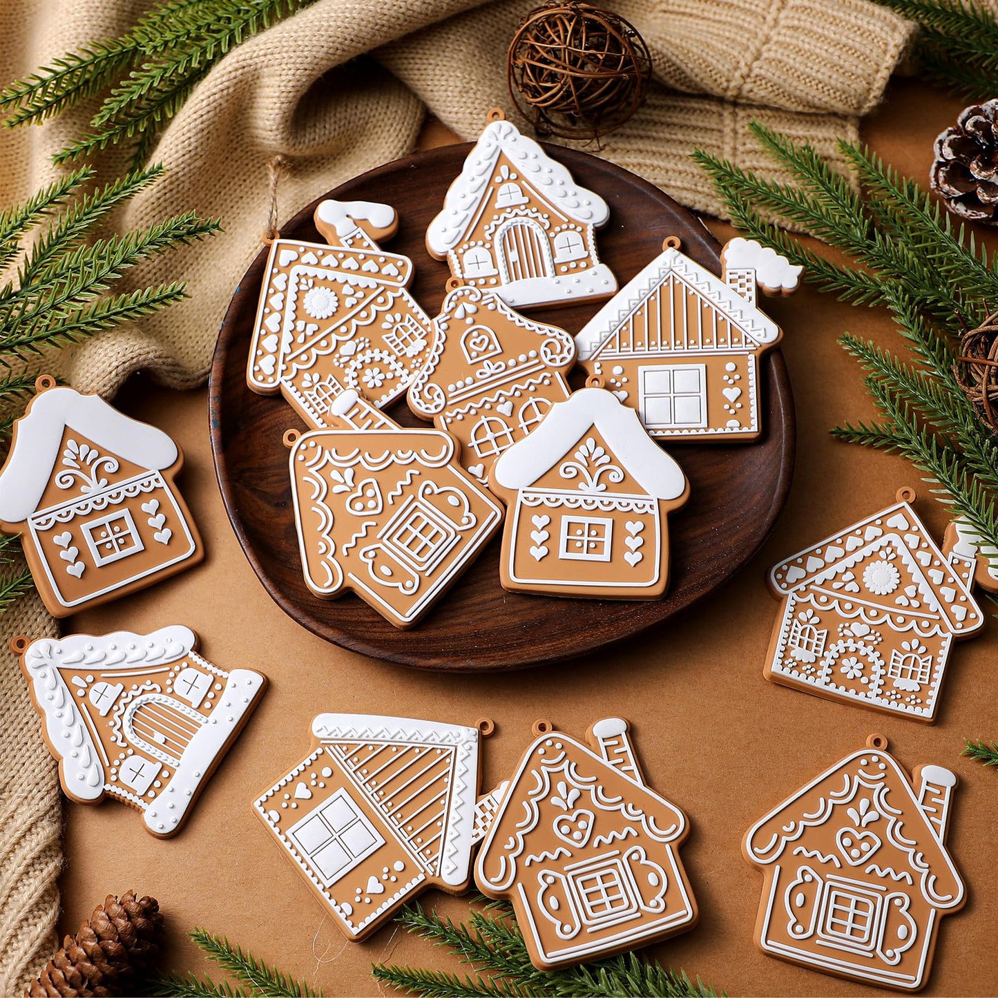 Sosation 24 Pcs Christmas Gingerbread House Ornaments Gingerbread Hanging Decorations Silicone Christmas Ornaments with Ropes for Xmas Tree Winter Crafts