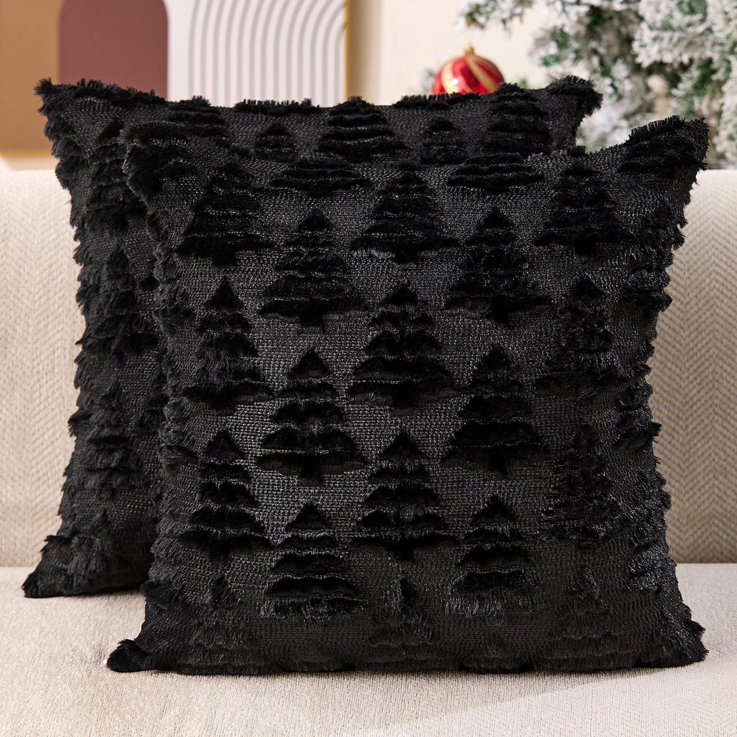 Allorry Christmas Pillow Covers 18x18 Set of 2 Christmas Decoration Black Xmas Tree Pillow Cases Plush Faux Fur Soft Cushion Case for Winter Xmas Holiday Home Bedroom Sofa Decors SY-003-J18