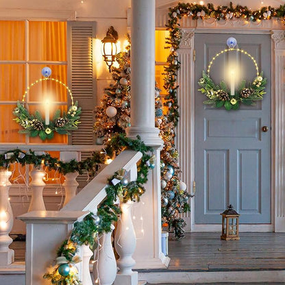 2Pack Christmas Wreaths for Front Door with Lights & Flickering LED Taper Candles & Remote, 16'' Windows Wreaths, Fireplace Christmas Decorations - Gold